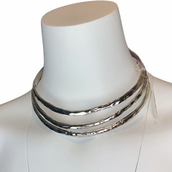 Silver Hammered 3 Row Tiered Collar Necklace - Picture 6 of 11
